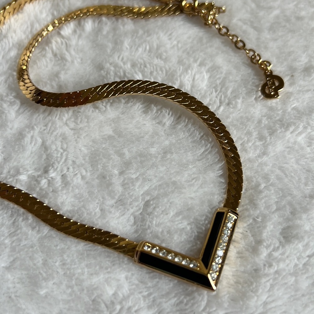 Christian Dior 18K gold plated vintage flat necklace with enamel and crystal - Picture 11 of 16